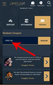 limitless casino bonus code 100